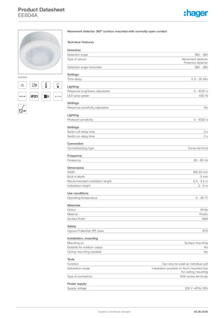 Image Hager Product data sheet EE804A  | Hager Africa
