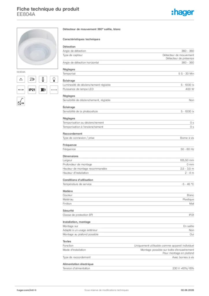 Image Hager Fiche technique du produit EE804A | Hager Afrique