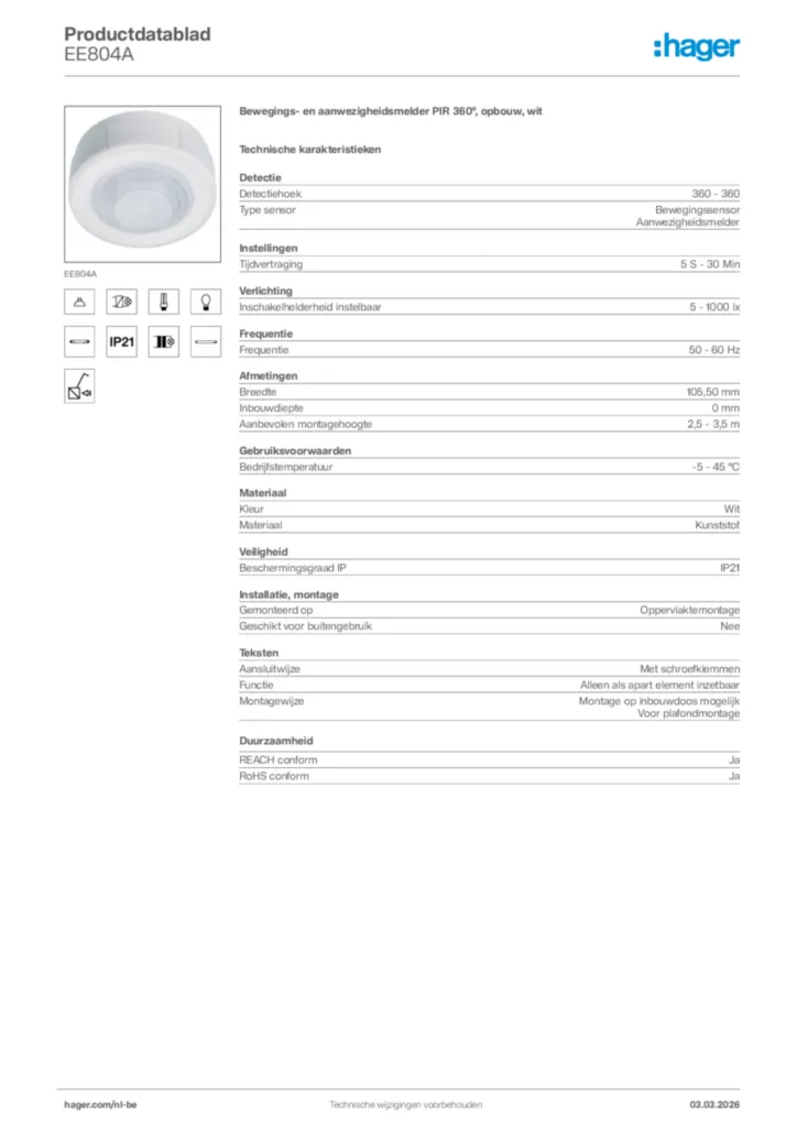 Afbeelding Hager Productdatablad EE804A | Hager Belgium