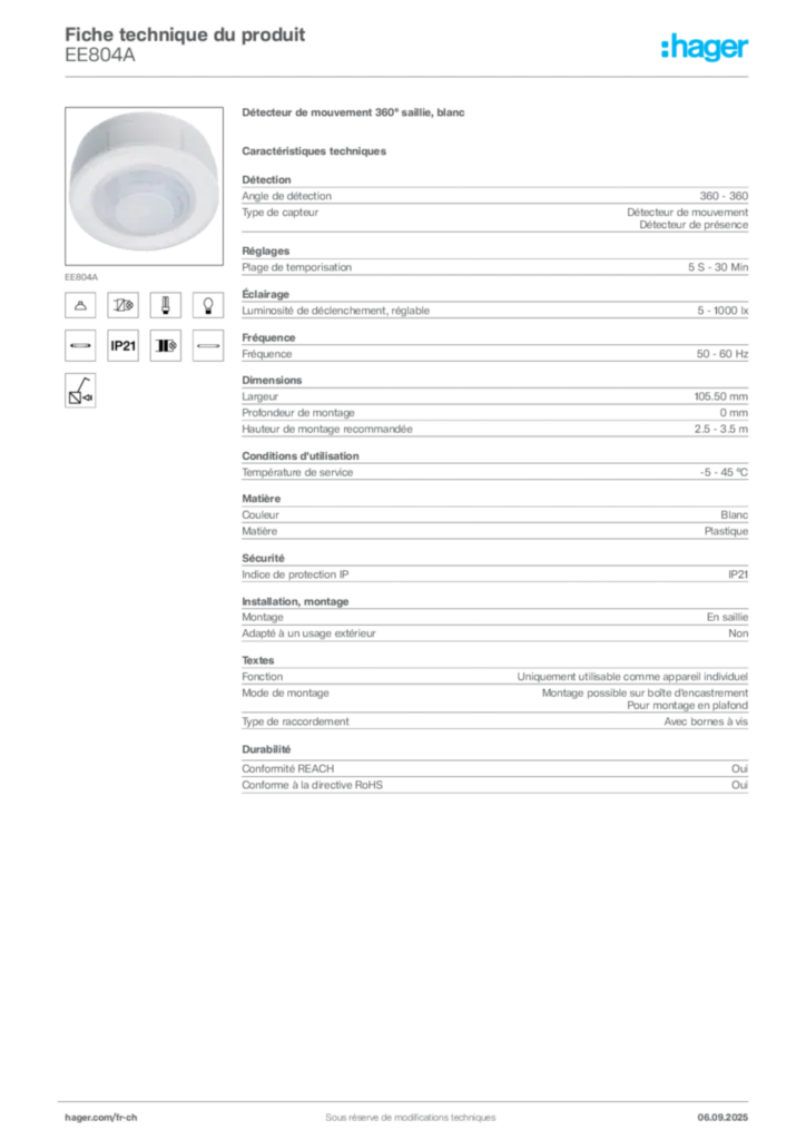 Image Hager Fiche technique du produit EE804A | Hager Suisse