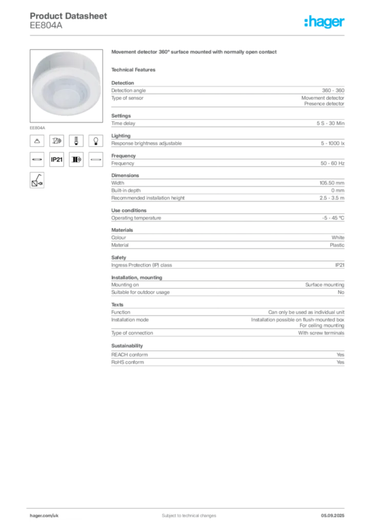 Image Hager Product data sheet EE804A  | Hager