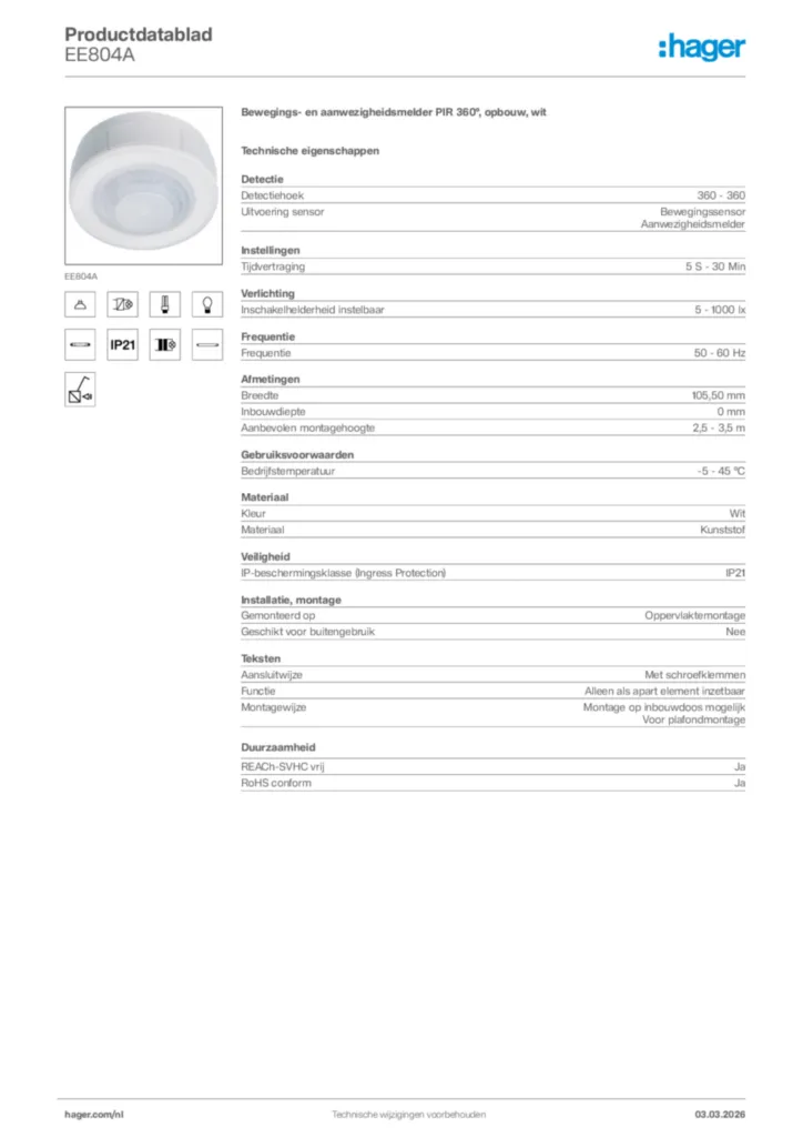 Afbeelding Hager Productdatablad EE804A | Hager Nederland