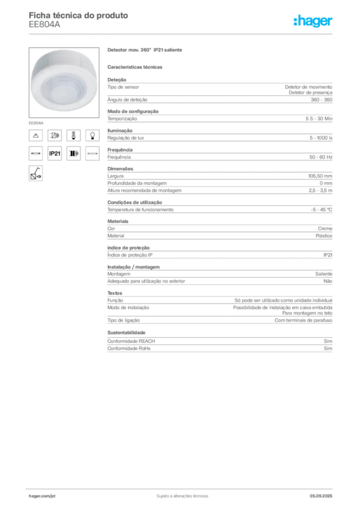 Imagem Hager Ficha técnica do produto EE804A | Hager Portugal