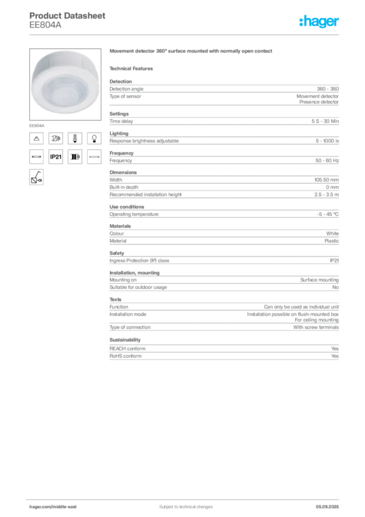Image Hager Product data sheet EE804A  | Hager