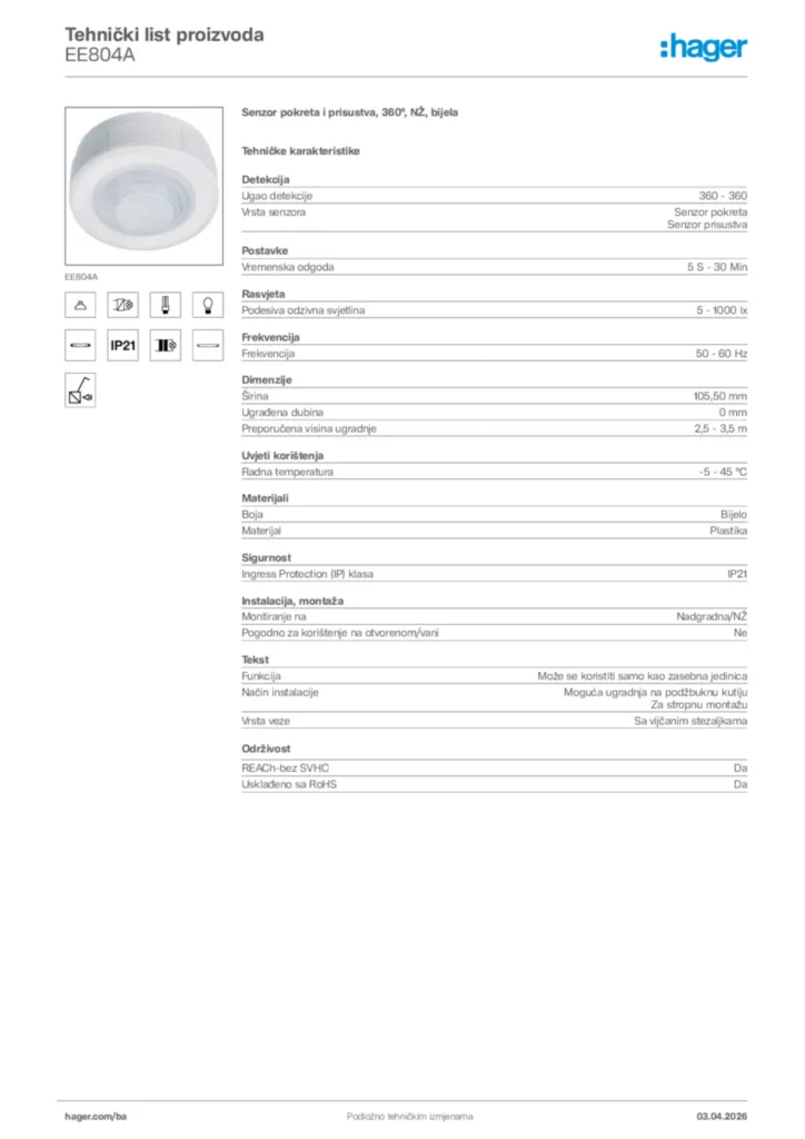 Slika Hager Tehnički list proizvoda EE804A  | Hager