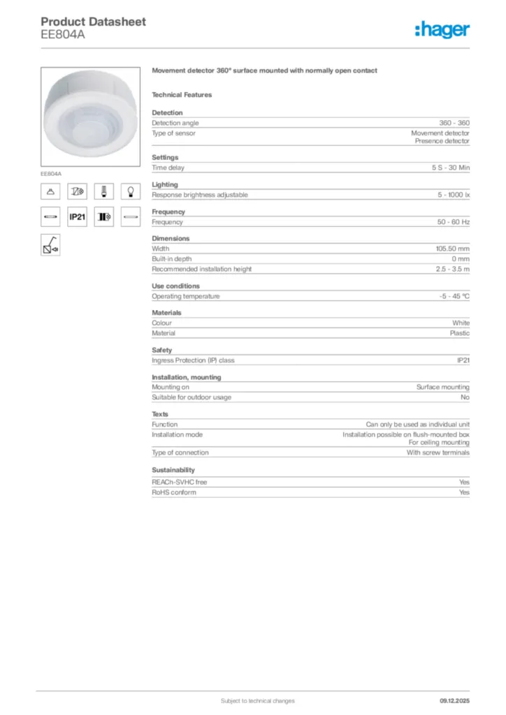 Image Hager Product data sheet EE804A  | Hager