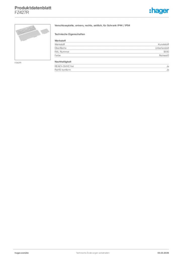 Bild Hager Produktdatenblatt FZ427R | Hager Deutschland