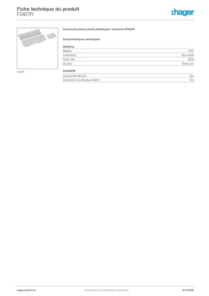 Image Hager Fiche technique du produit FZ427R | Hager Belgique