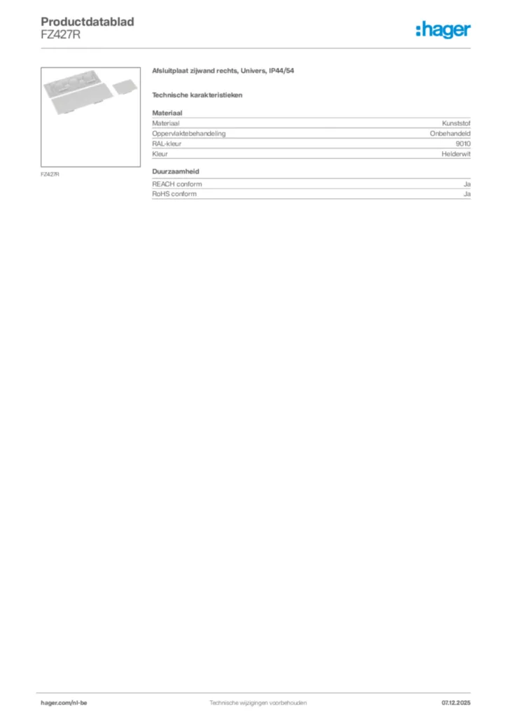 Afbeelding Hager Productdatablad FZ427R | Hager Belgium