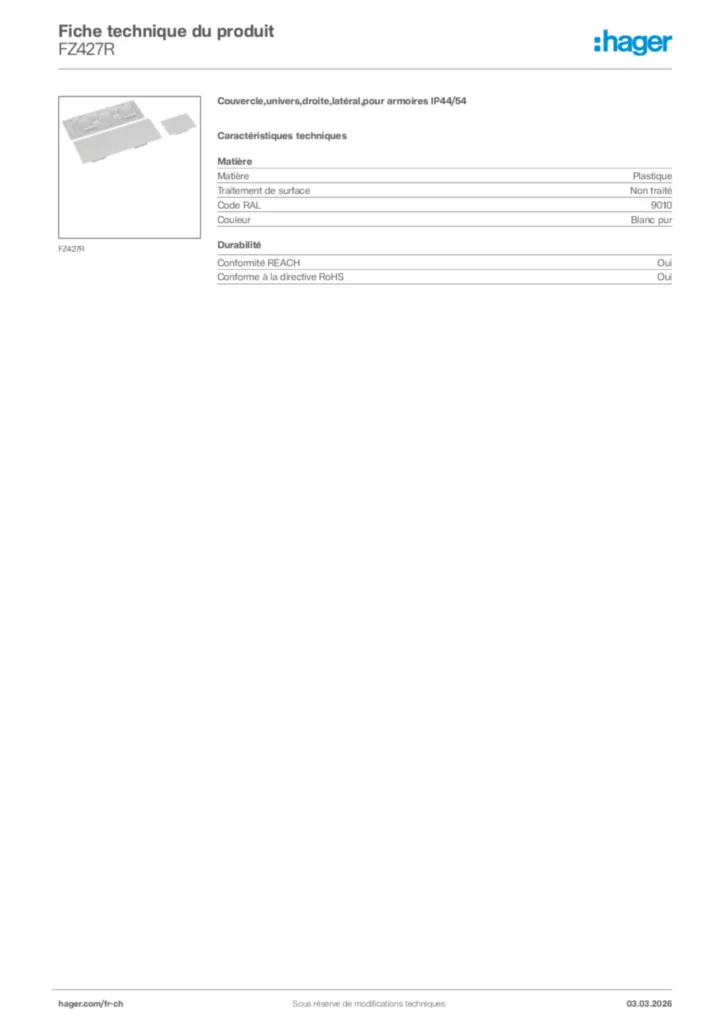 Image Hager Fiche technique du produit FZ427R | Hager Suisse