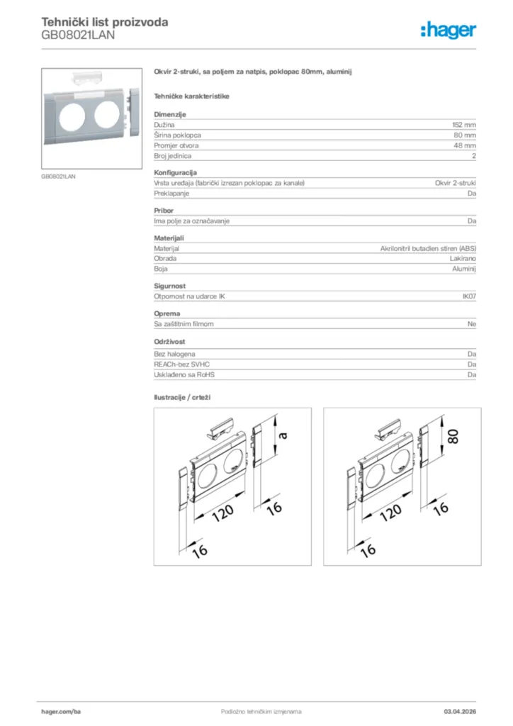 Slika Hager Tehnički list proizvoda GB08021LAN  | Hager
