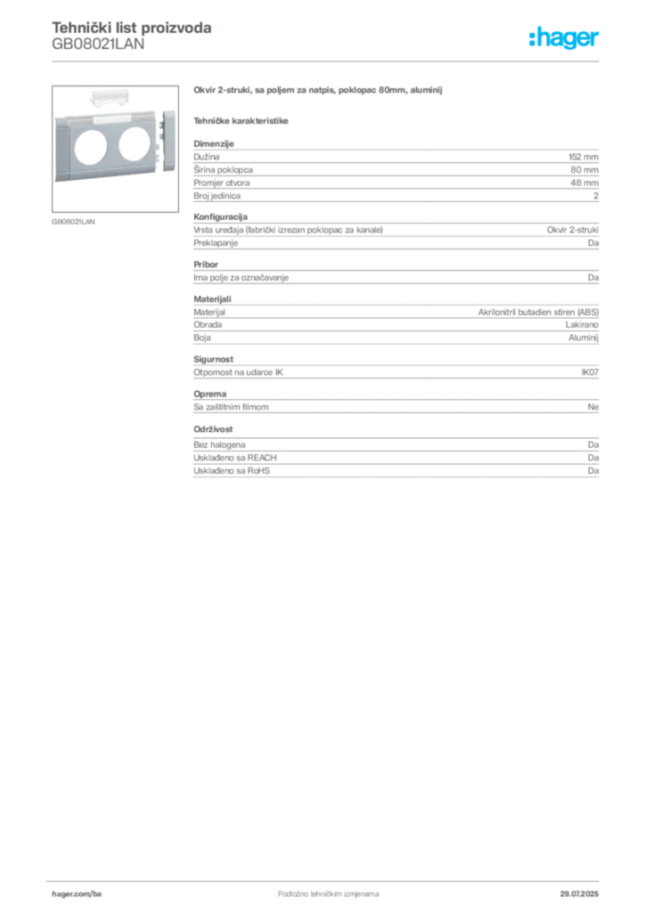 Slika Hager Product data sheet GB08021LAN  | Hager