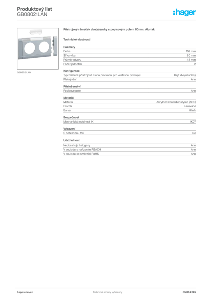 Obrázek Hager Produktový list GB08021LAN | Hager