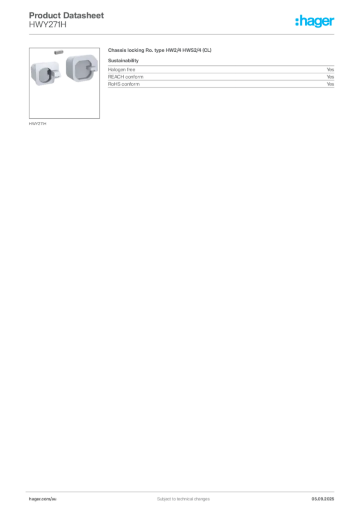 Image Hager Product data sheet HWY271H  | Hager Australia