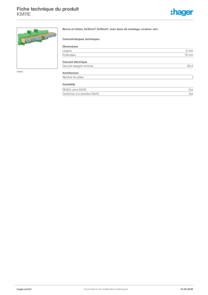 Image Hager Fiche technique du produit KM11E | Hager France