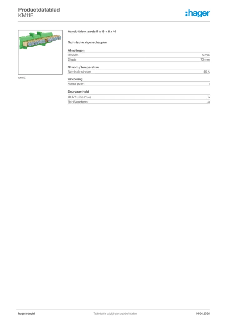 Afbeelding Hager Productdatablad KM11E | Hager Nederland