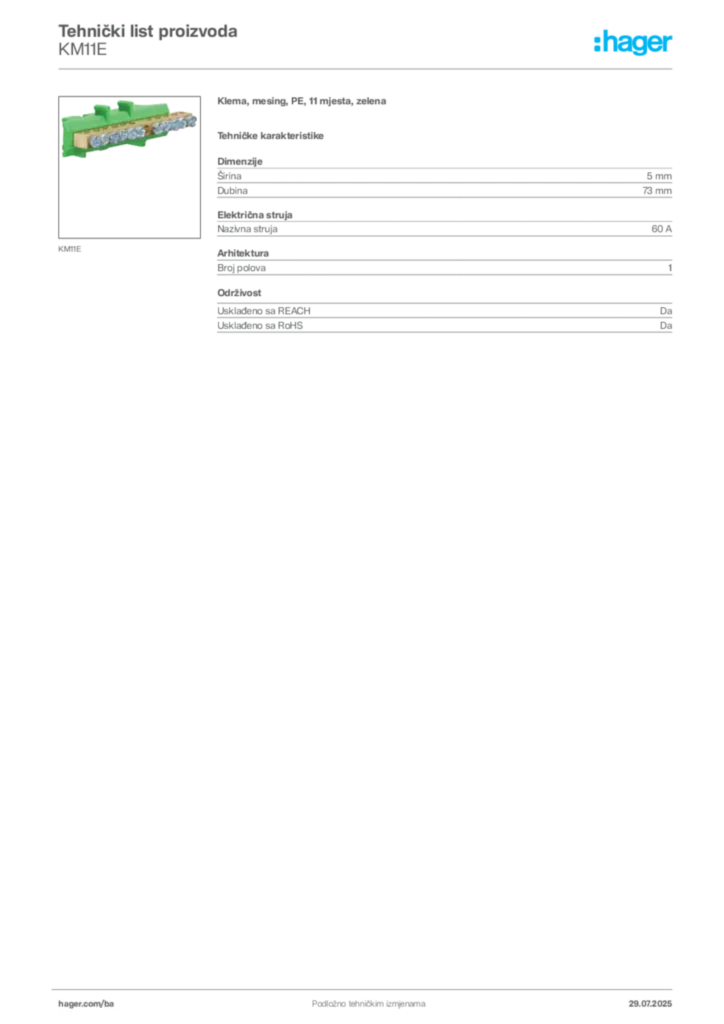 Slika Hager Product data sheet KM11E  | Hager