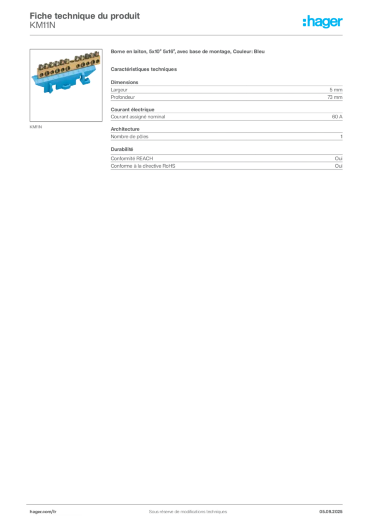 Image Hager Fiche technique du produit KM11N | Hager France