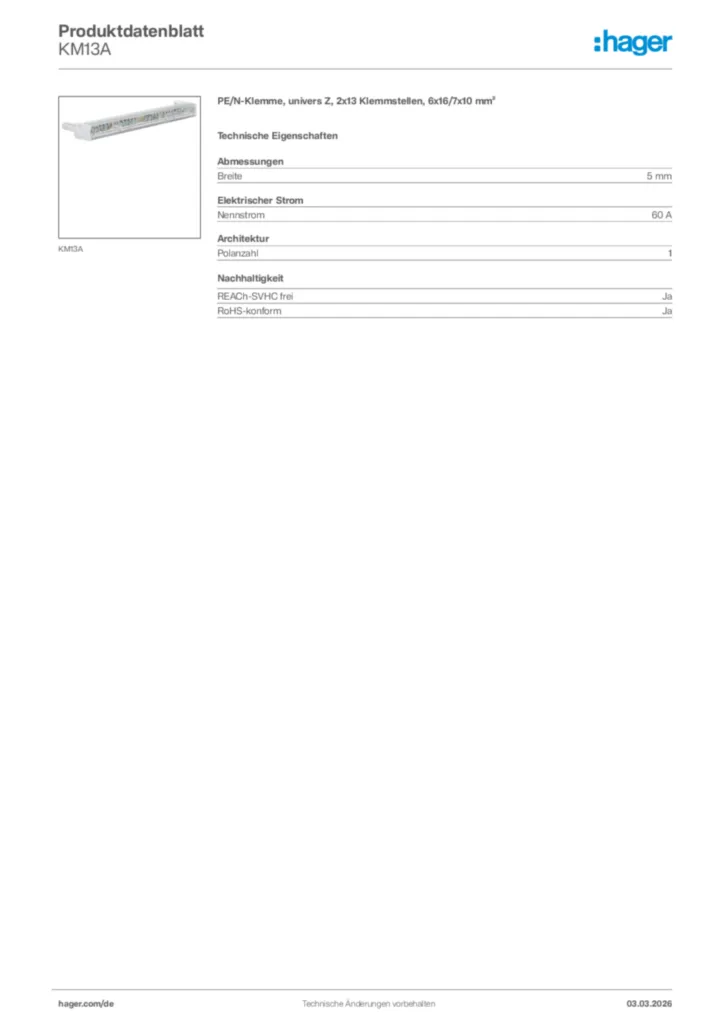 Bild Hager Produktdatenblatt KM13A | Hager Deutschland