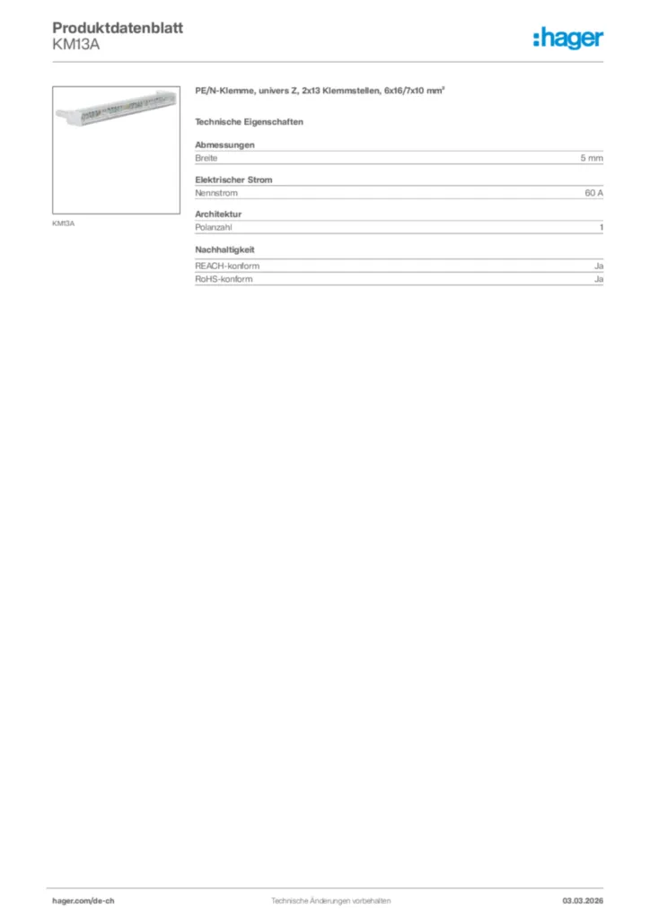 Bild Hager Produktdatenblatt KM13A | Hager Schweiz