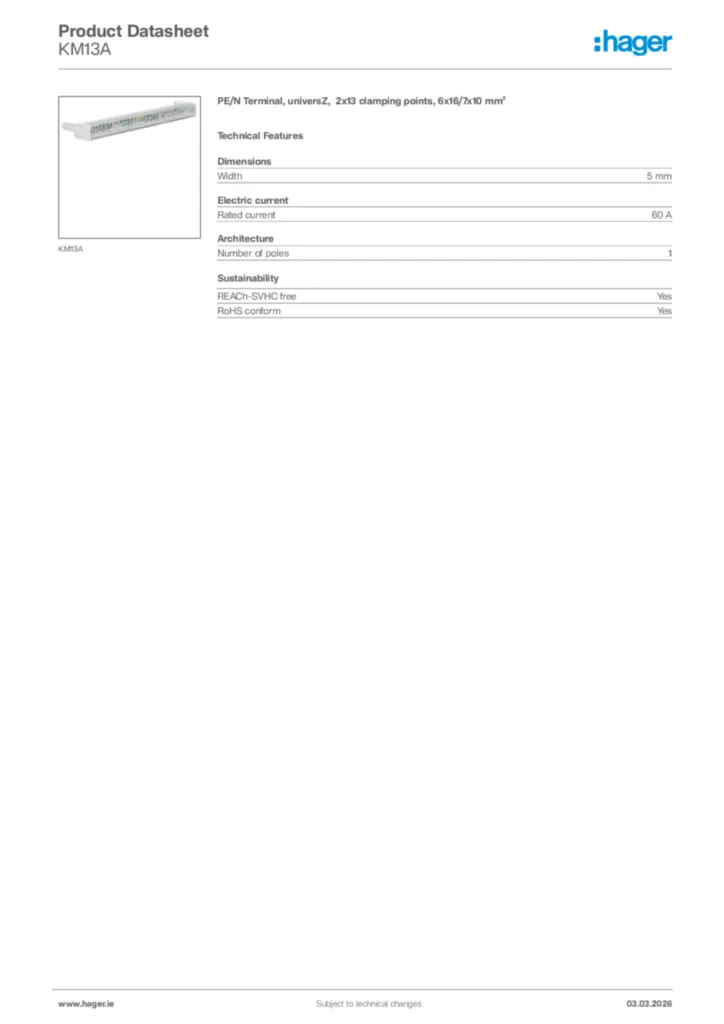 Image Hager Product data sheet KM13A  | Hager