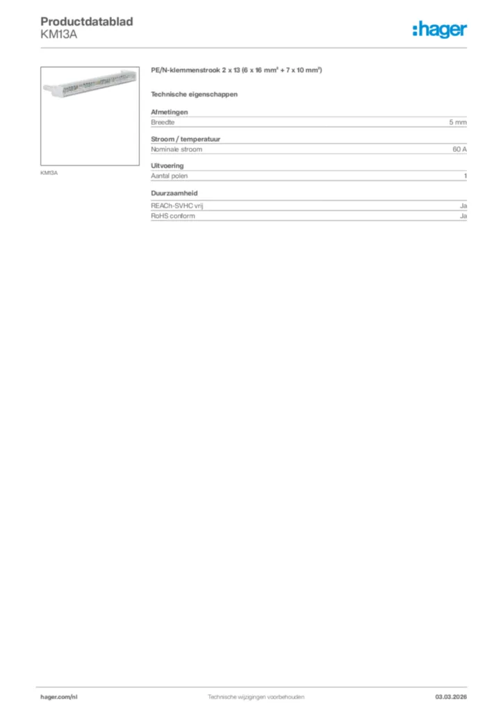 Afbeelding Hager Productdatablad KM13A | Hager Nederland