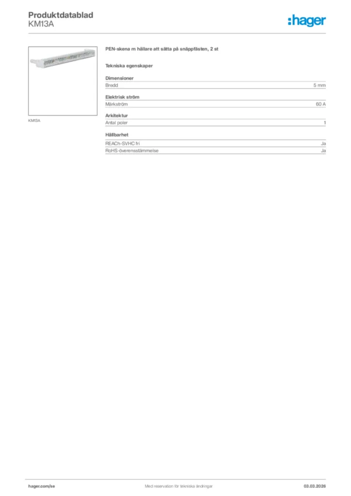 Bild Hager Produktdatablad KM13A | Hager Sverige
