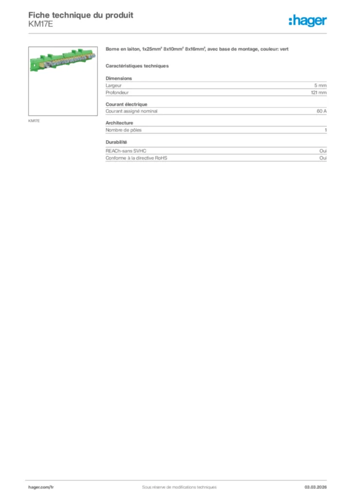 Image Hager Fiche technique du produit KM17E | Hager France