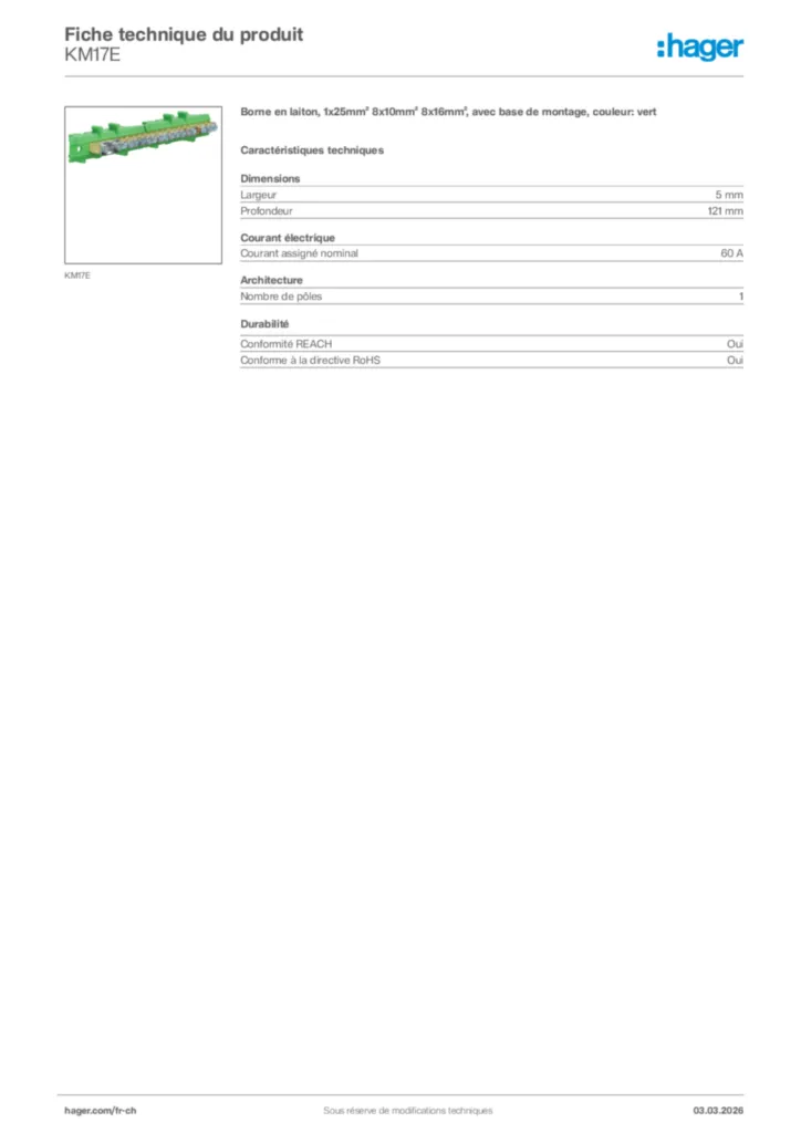 Image Hager Fiche technique du produit KM17E | Hager Suisse