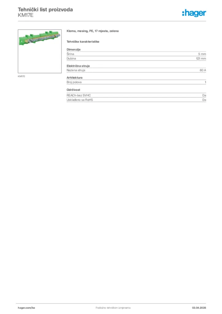 Slika Hager Tehnički list proizvoda KM17E  | Hager