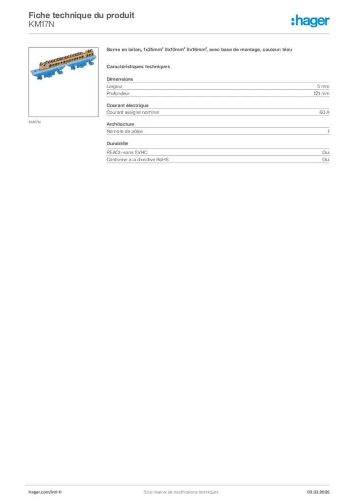 Image Hager Fiche technique du produit KM17N | Hager Afrique