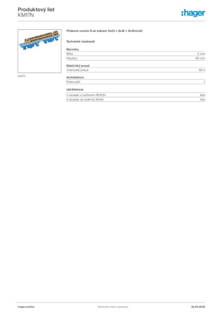 Obrázek Hager Product data sheet KM17N | Hager