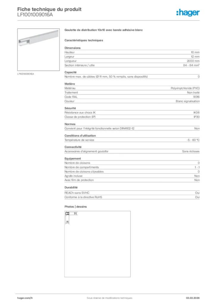 Image Hager Fiche technique du produit LF1001009016A | Hager France