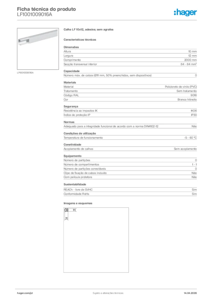 Imagem Hager Ficha técnica do produto LF1001009016A | Hager Portugal