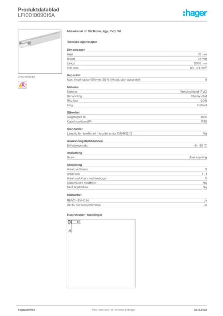 Bild Hager Produktdatablad LF1001009016A | Hager Sverige