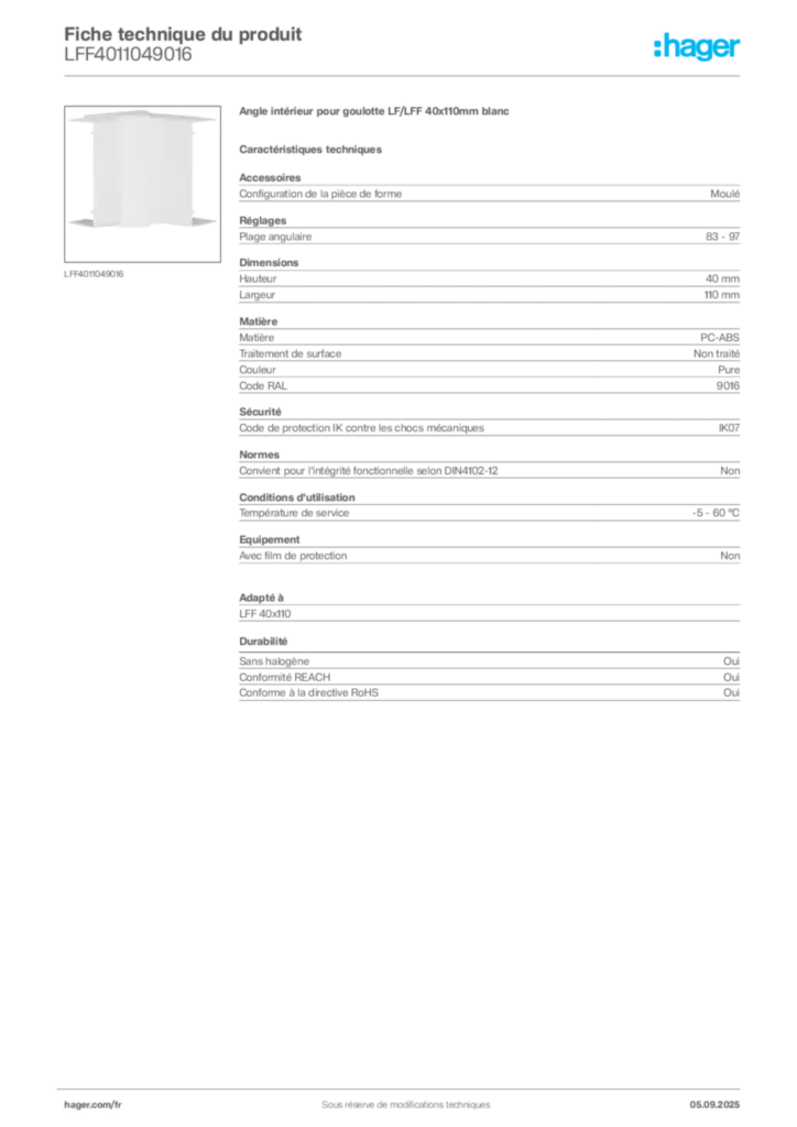 Image Hager Fiche technique du produit LFF4011049016 | Hager France