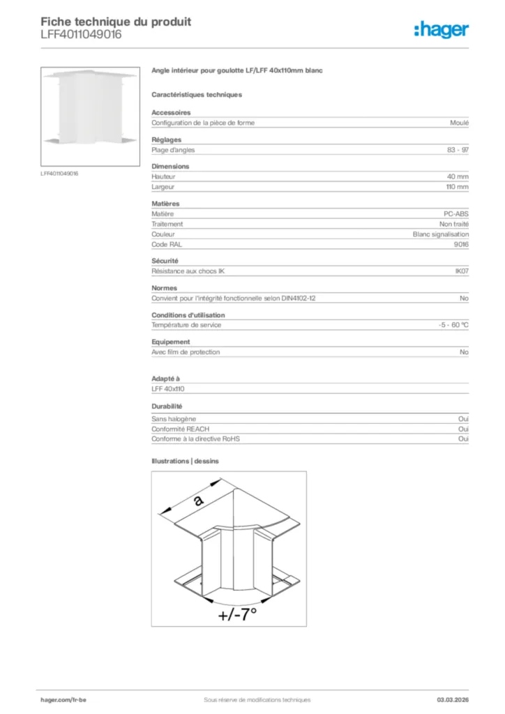 Image Hager Fiche technique du produit LFF4011049016 | Hager Belgique