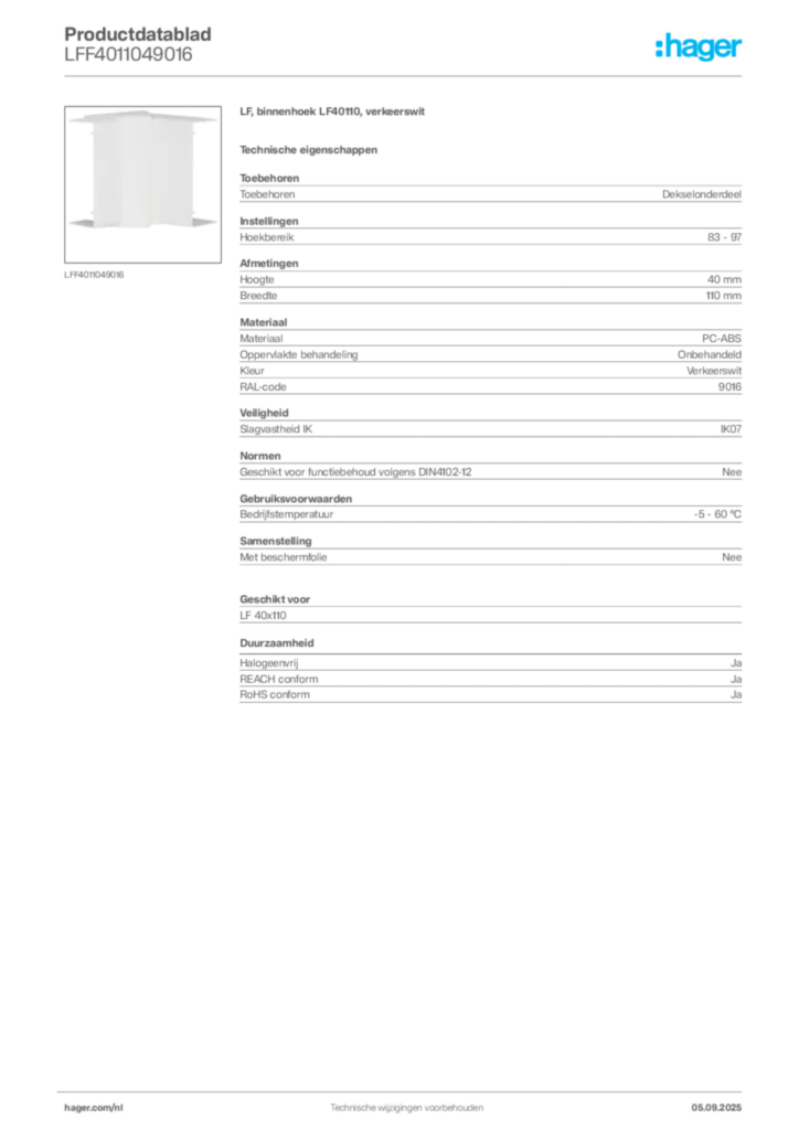Afbeelding Hager Productdatablad LFF4011049016 | Hager Nederland