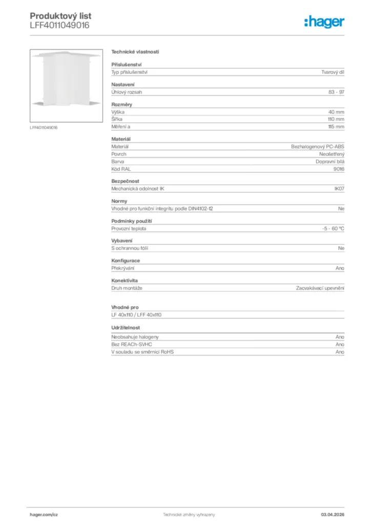 Obrázek Hager Product data sheet LFF4011049016 | Hager