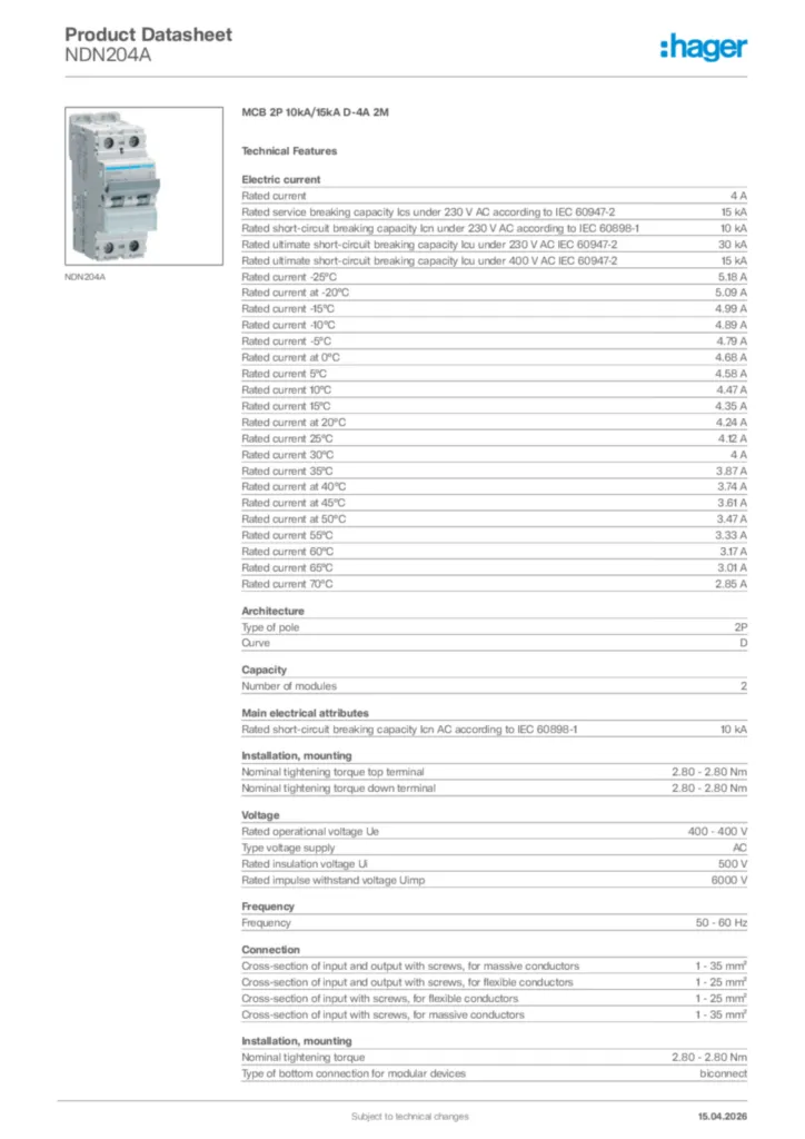 Image Hager Product data sheet NDN204A  | Hager Africa
