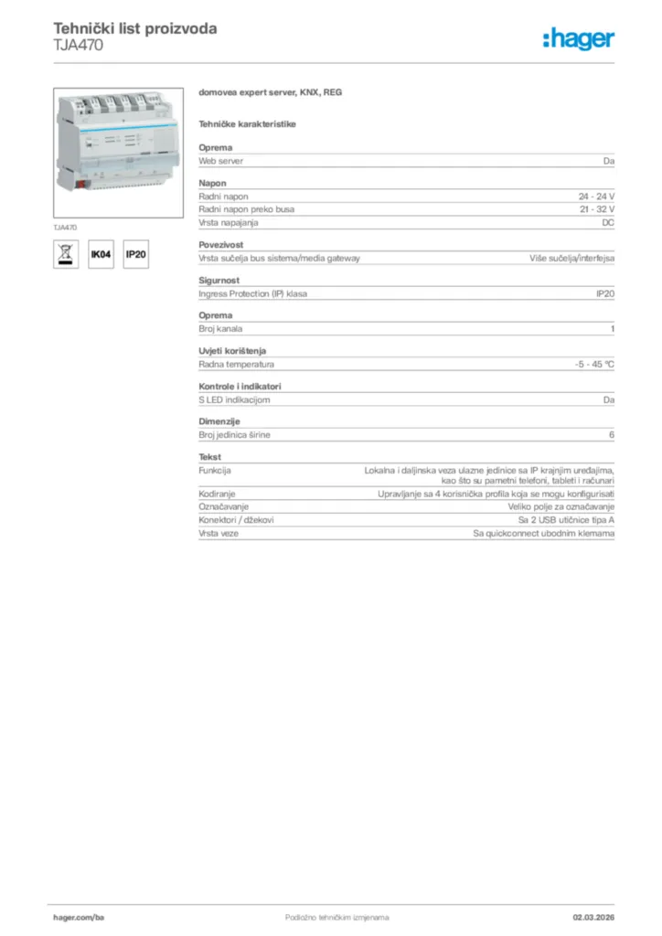 Slika Hager Tehnički list proizvoda TJA470  | Hager