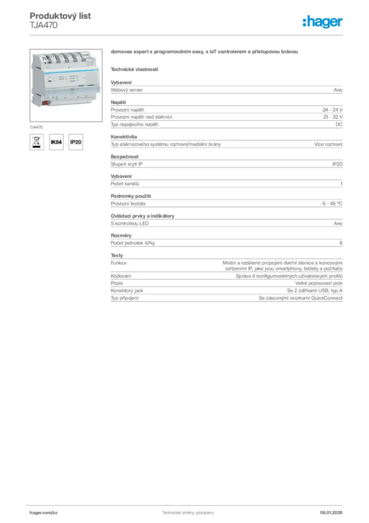 Obrázek Hager Product data sheet TJA470 | Hager