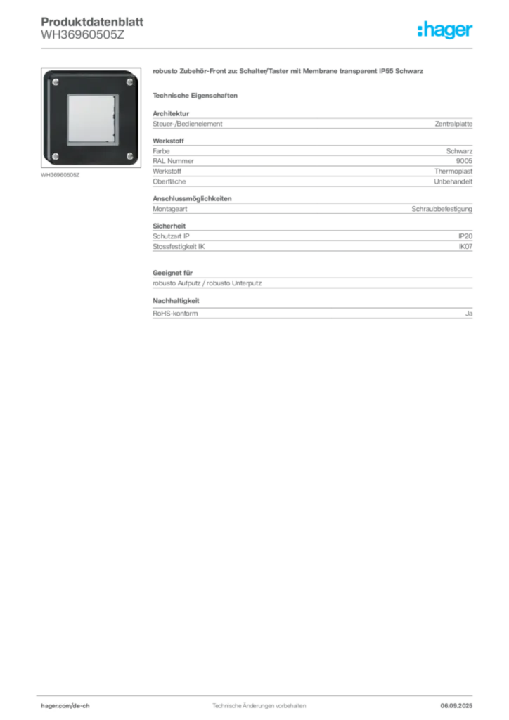 Bild Hager Produktdatenblatt WH36960505Z | Hager Schweiz