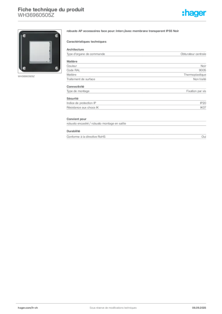 Image Hager Fiche technique du produit WH36960505Z | Hager Suisse