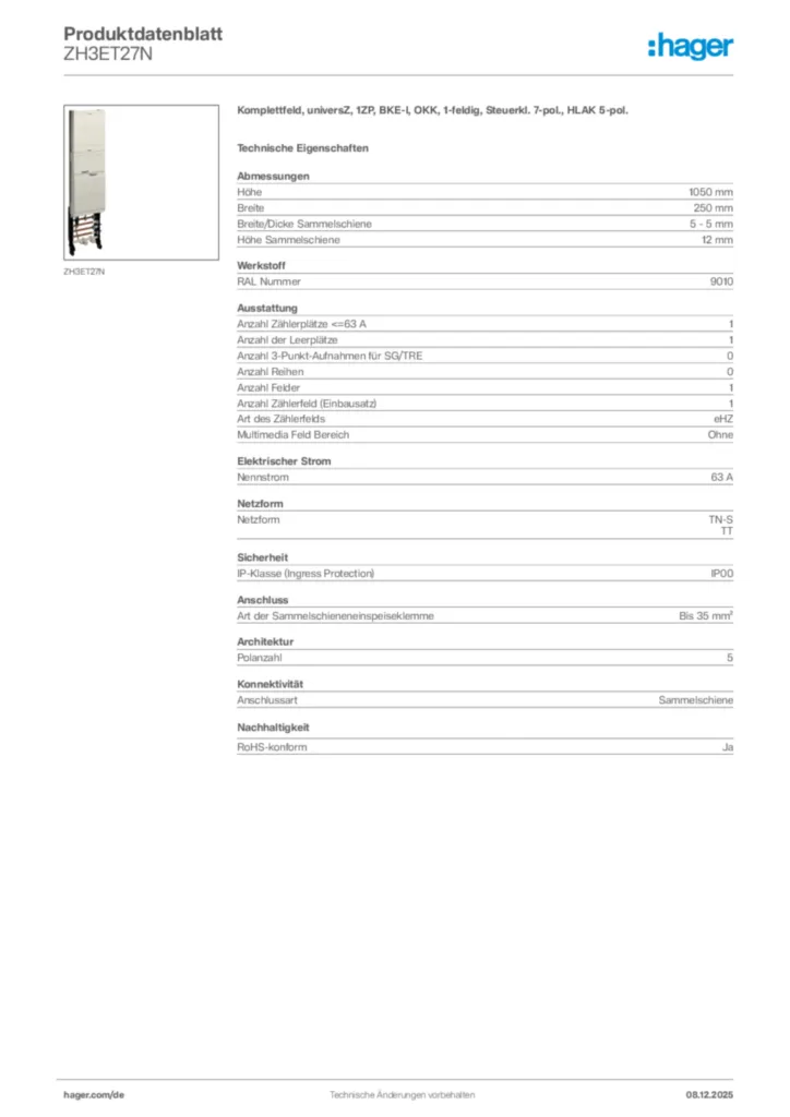 Bild Hager Produktdatenblatt ZH3ET27N | Hager Deutschland