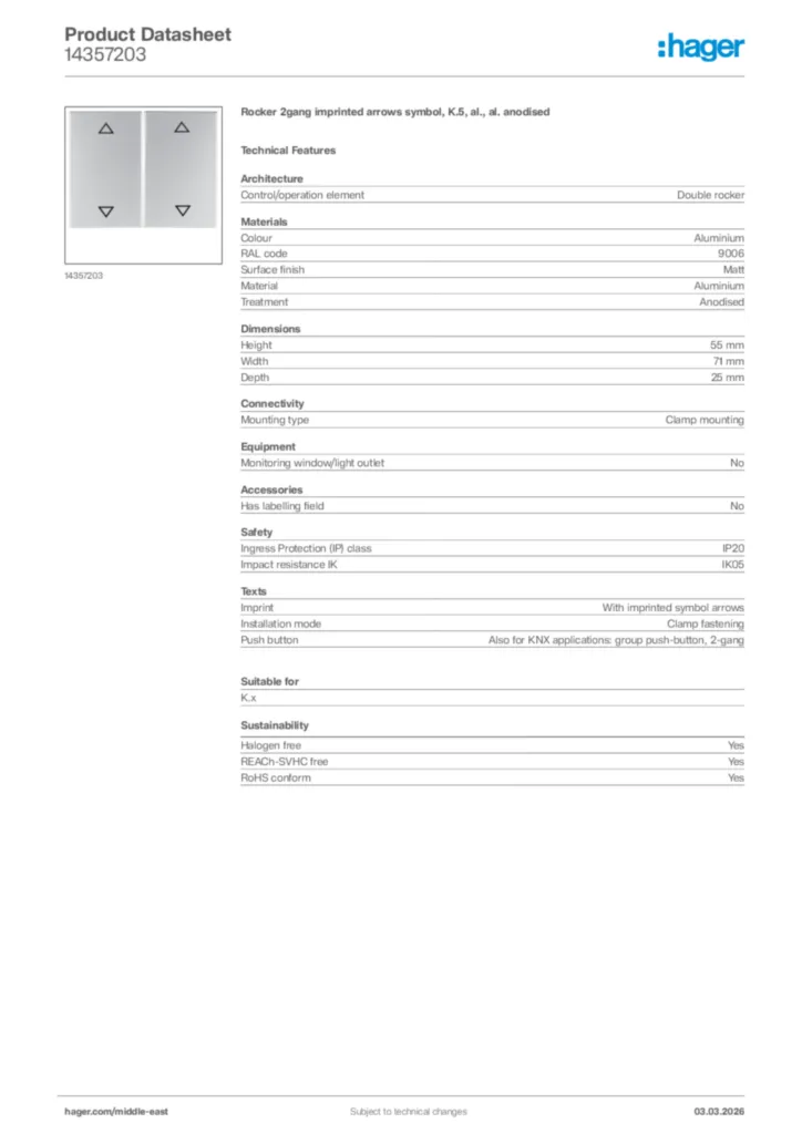 Image Hager Product data sheet 14357203  | Hager