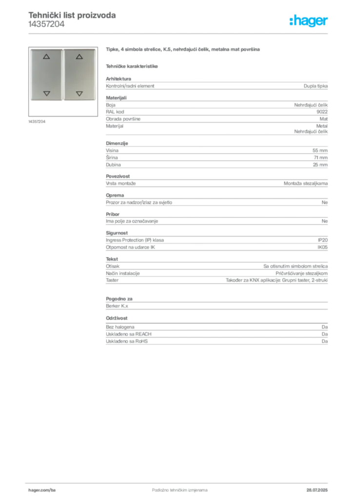 Slika Hager Product data sheet 14357204  | Hager