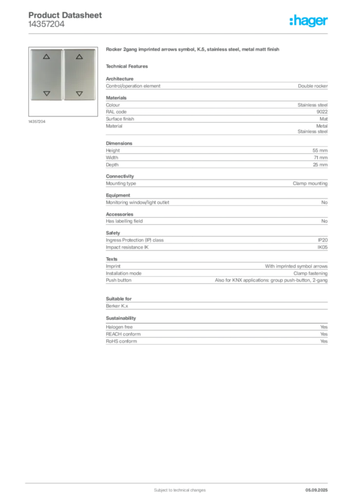 Image Hager Product data sheet 14357204  | Hager