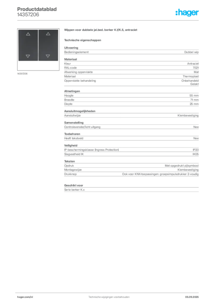 Afbeelding Hager Productdatablad 14357206 | Hager Nederland