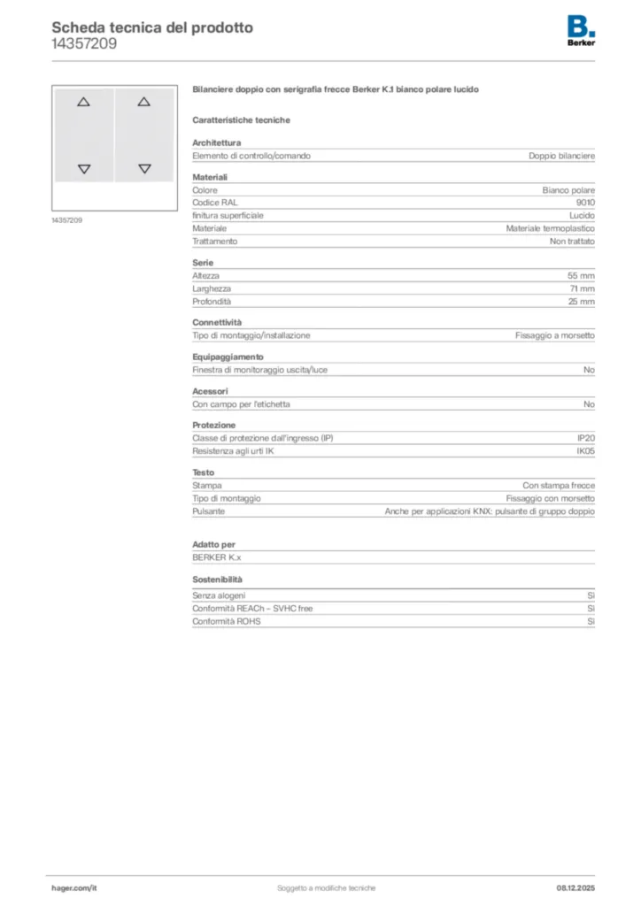 Immagine Berker Scheda tecnica del prodotto 14357209 | Hager Italia